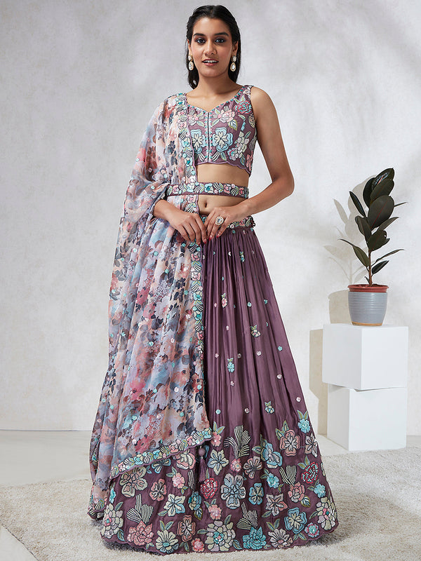 House of Panchhi Lavender Georgette Sequins And Thread Embroidery Lehenga Choli & Dupatta - Distacart