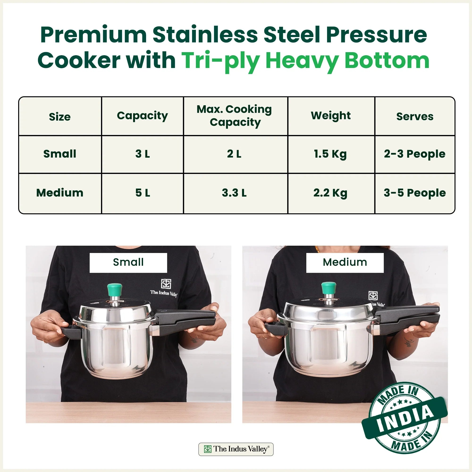 The Indus Valley QuicKooker Tri-Steel Stainless Steel Pressure Cooker, Premium Quality, 3 Layer Heavy Bottom, 100% Safe, ISI Certified, Induction & Gas, 3/5 L