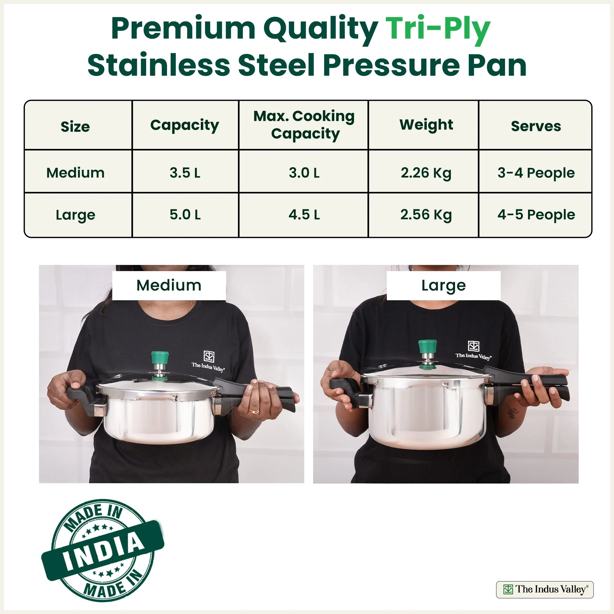 The Indus Valley Tri-ply Stainless Steel Pressure Pan, Premium Quality, 3 Layer Thick Body, Heavy Bottom, 100% Food-safe, ISI Certified, Induction & Gas, 3.5/5L