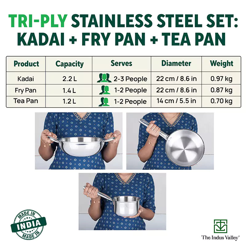 The Indus Valley TurboCuk Tri-ply Stainless Steel Cookware Set: 2.2L Kadai+ 1.4L Frypan+  1.2L Tea/Milk pan, Premium Quality, 3 Layer Thick Body, 100% Toxin-free, Non-stick, Induction & Gas