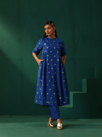 Thumbnail for trueBrowns Royal Blue Geometric Floral Viscose Silk Side Gathered Kurta Pant Set - Distacart