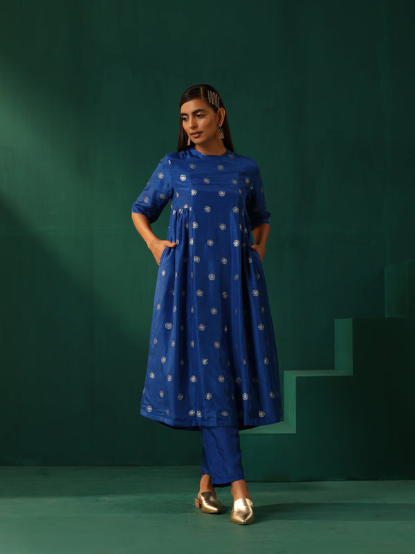 trueBrowns Royal Blue Geometric Floral Viscose Silk Side Gathered Kurta Pant Set - Distacart