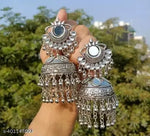 Thumbnail for Tehzeeb Creations Women's Silver Colour Oxidised Earrings With Kundan And Mirror Work - Distacart