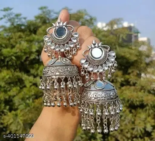 Tehzeeb Creations Women's Silver Colour Oxidised Earrings With Kundan And Mirror Work - Distacart