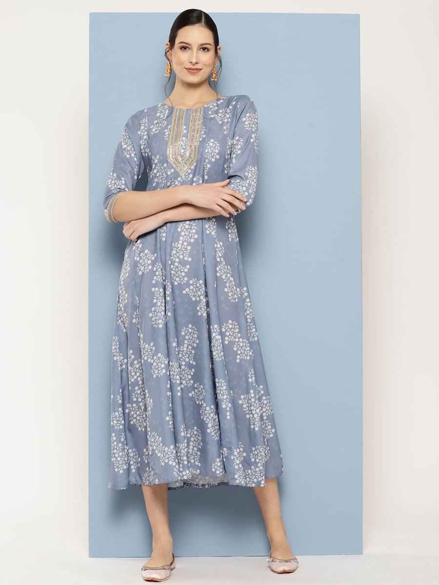 Ahalyaa Floral Printed Midi A-Line Ethnic Dress - Distacart