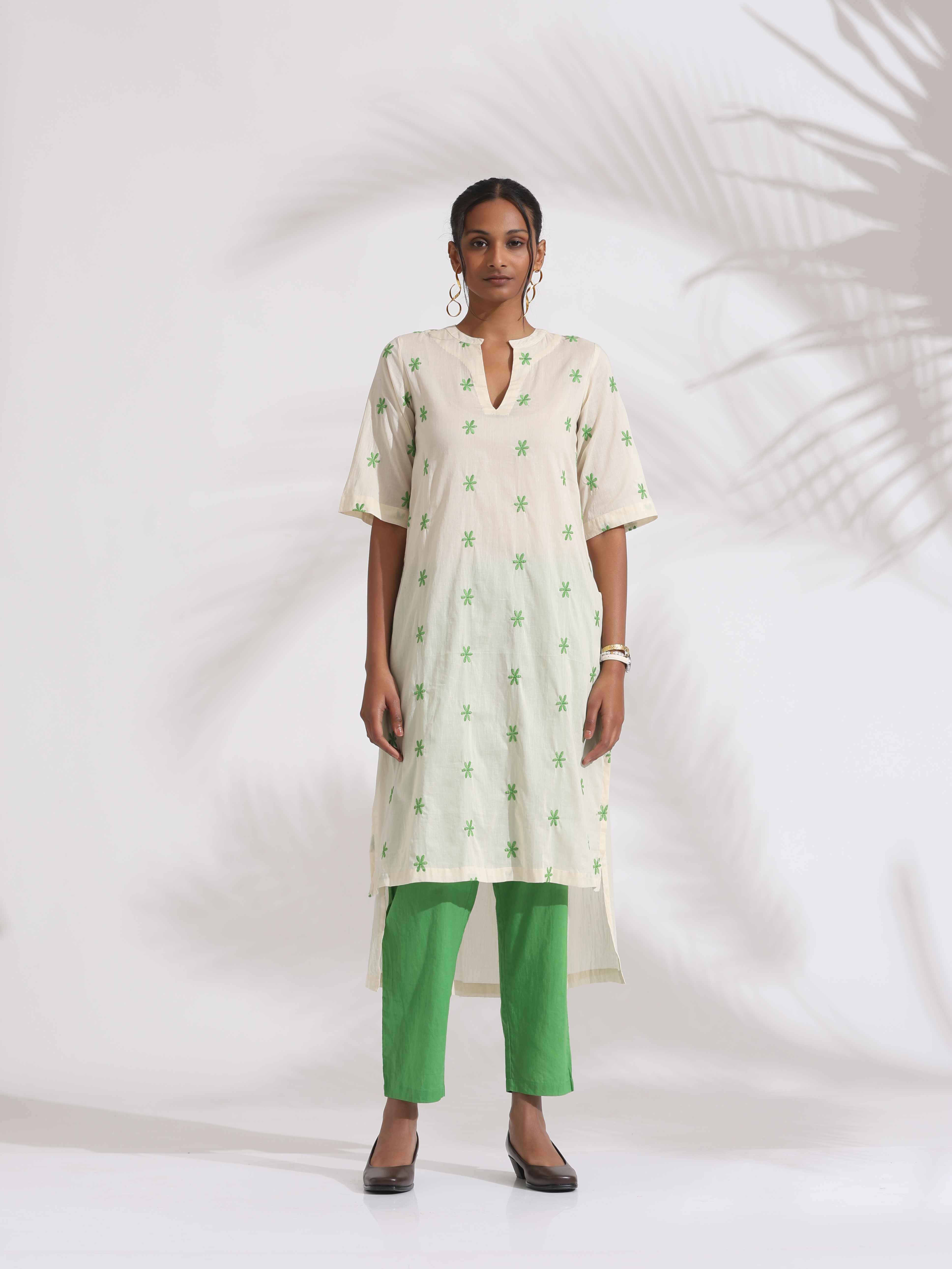 trueBrowns Off-White Cotton Floral Embroidered Straight Kurta Set - Distacart