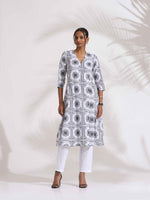 Thumbnail for trueBrowns White Cotton Geometric Print Angrakha Kurta Set