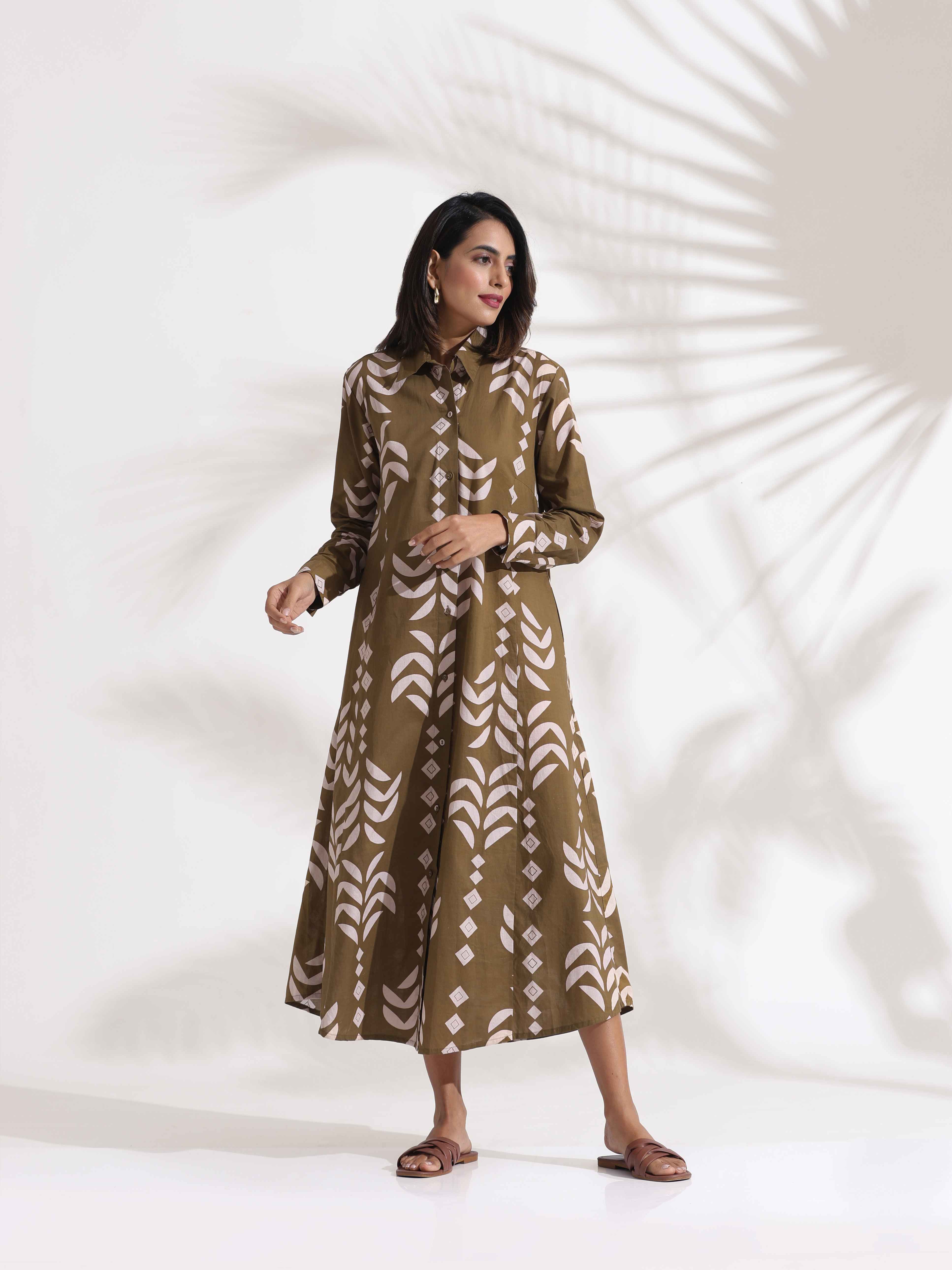 trueBrowns Olive Green Cotton Print Shirt Dress - Distacart