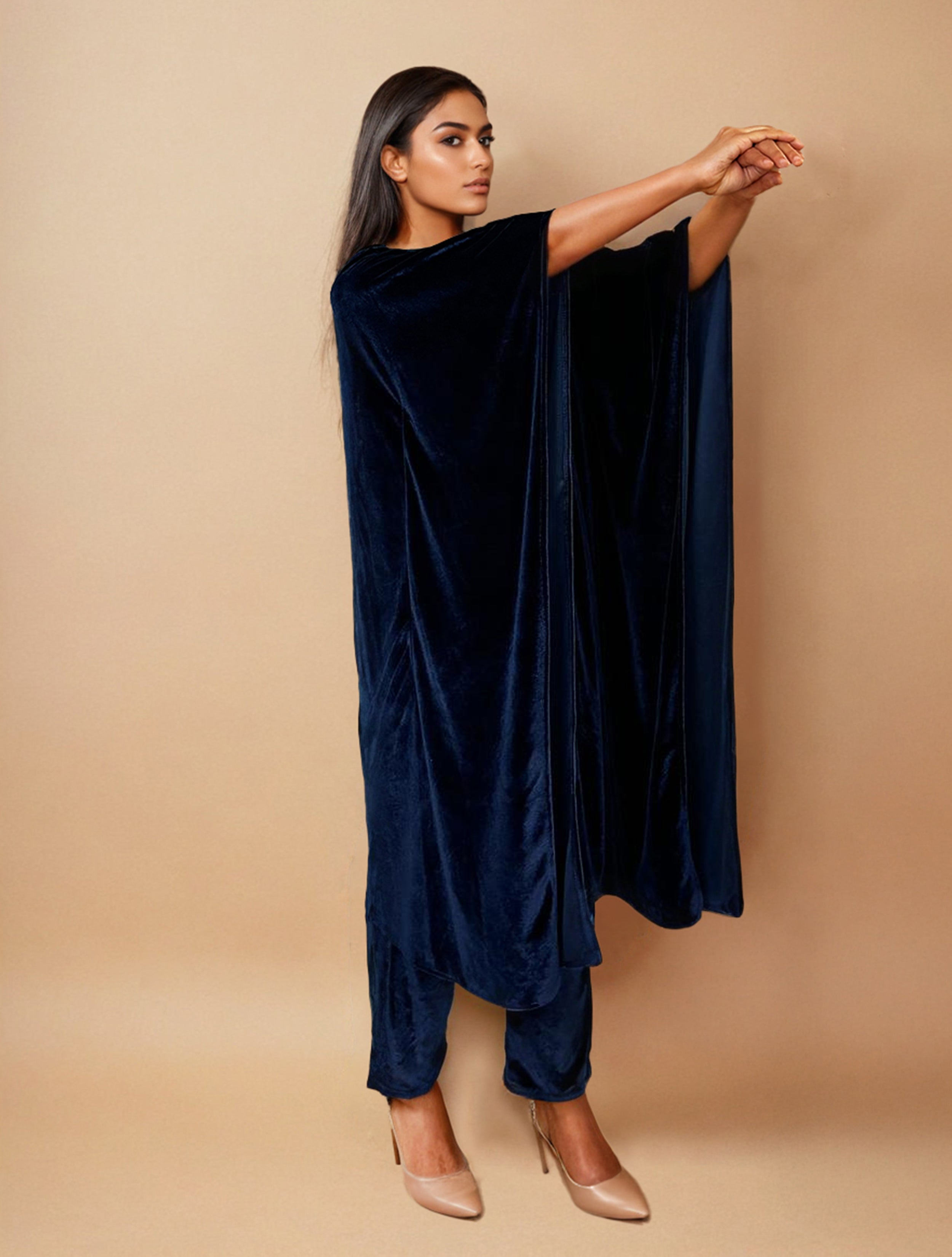 trueBrowns Navy Blue Velvet Embroidered Kaftan Kurta Set - Distacart