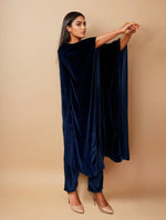 Thumbnail for trueBrowns Navy Blue Velvet Embroidered Kaftan Kurta Set