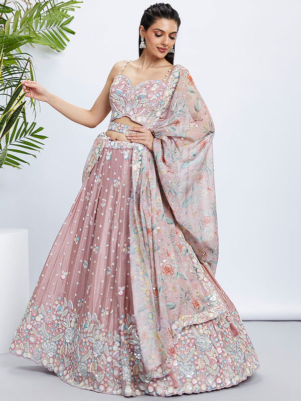 House of Panchhi Green Chiffon Position Print With Sequins Embroidery Lehenga Choli & Dupatta - Distacart