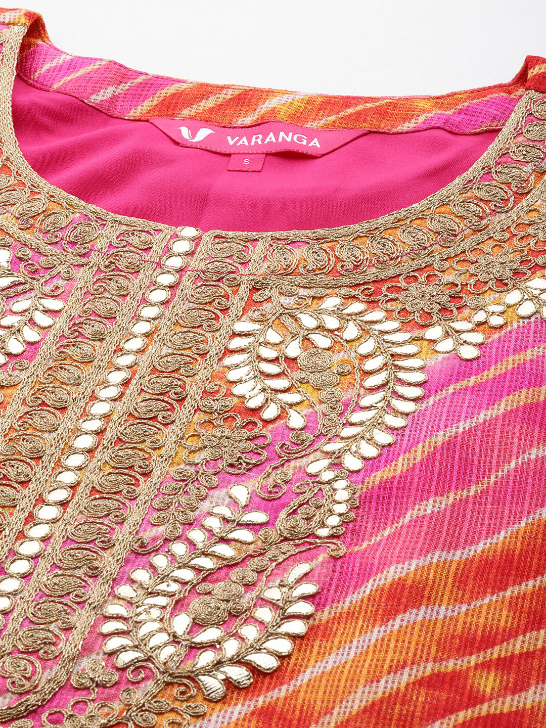Varanga Women Pink And Yellow Lehariya, Gota Embroidered Yoke Straight Kurta Paired With Tonal Bottom And Tonal Dupatta - Distacart