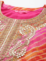 Thumbnail for Varanga Women Pink And Yellow Lehariya, Gota Embroidered Yoke Straight Kurta Paired With Tonal Bottom And Tonal Dupatta - Distacart