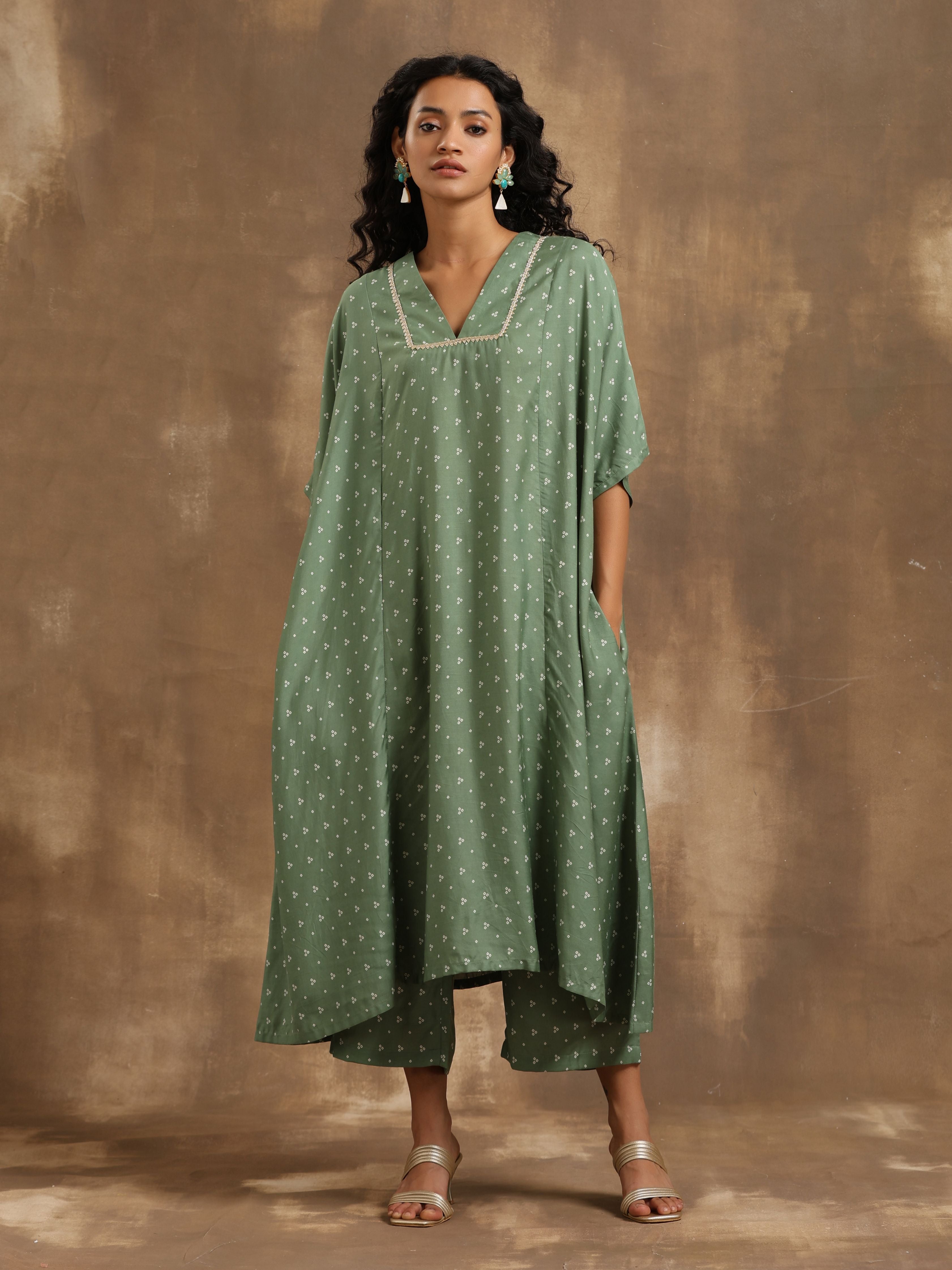 trueBrowns Light Green Bandhani Printed Silk Oversized Kurta Pant Set - Distacart