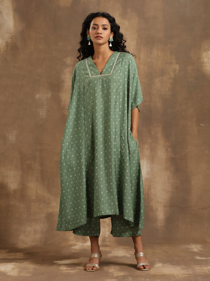 trueBrowns Light Green Bandhani Printed Silk Oversized Kurta Pant Set - Distacart