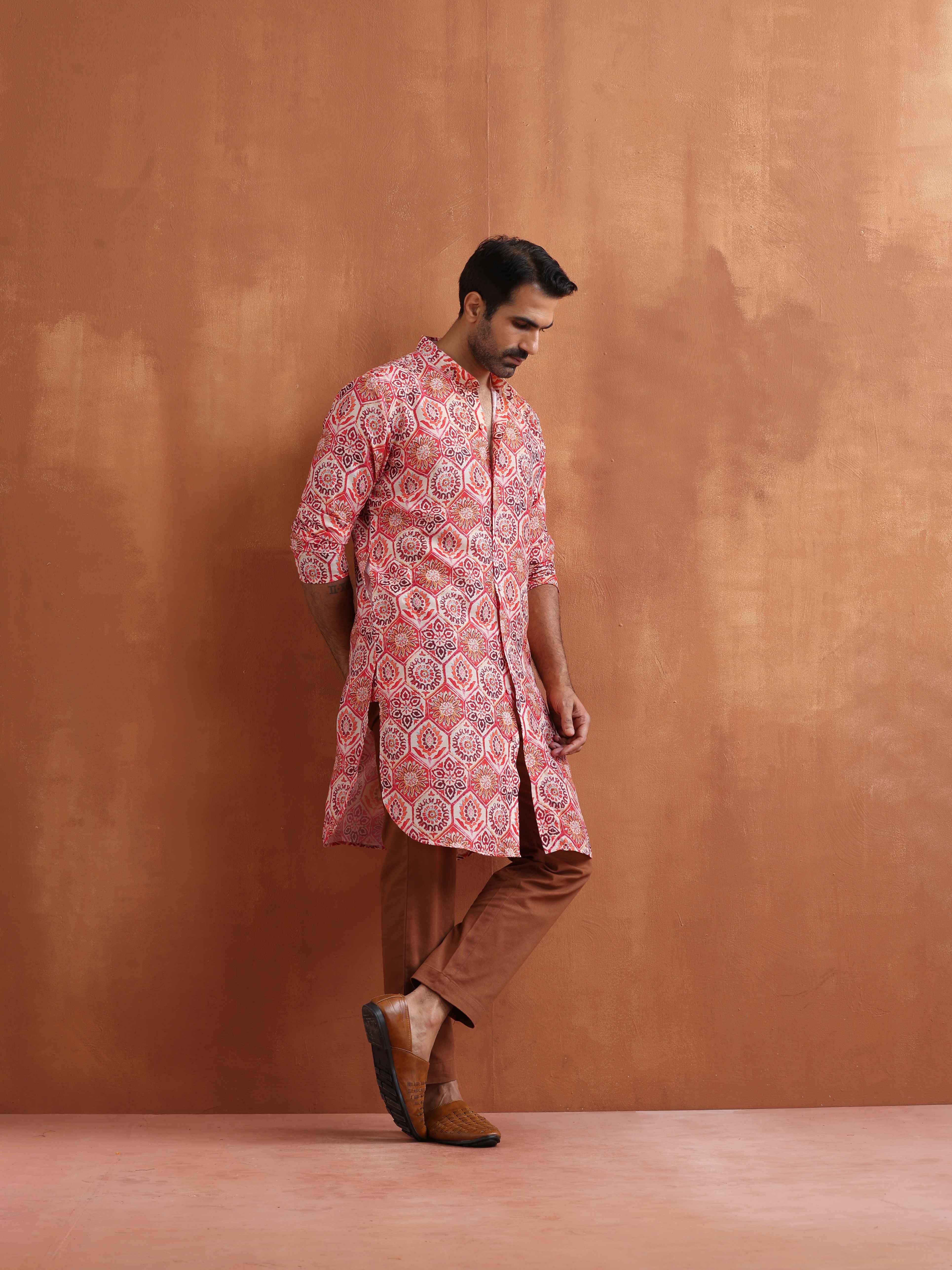 trueBrowns Men's Beige Printed Front Open Kurta - Distacart