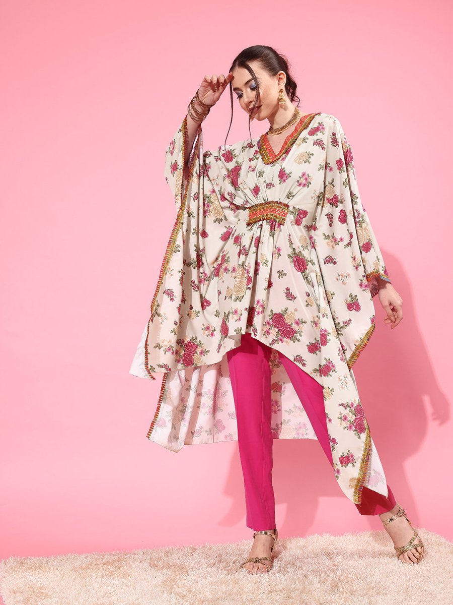 Ahalyaa Women Floral Printed Flared Sleeves Thread Work Crepe Kaftan Kurta - Distacart