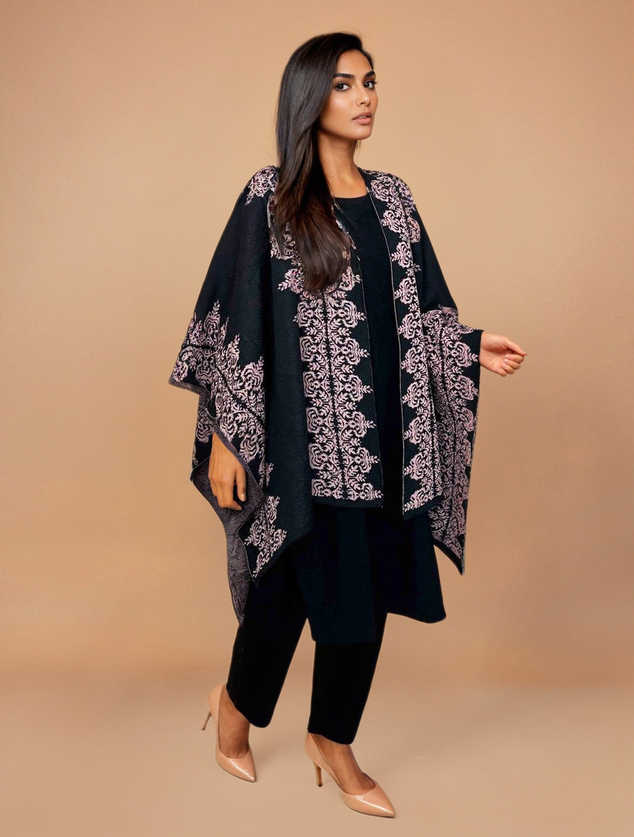 trueBrowns Black Woollen Pink Jacquard Kaftan Cape - Distacart