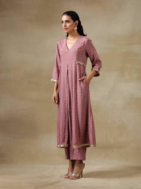 trueBrowns Dark Mauve Bandhani Printed Silk Front Slit Kurta Pant Set | Relove