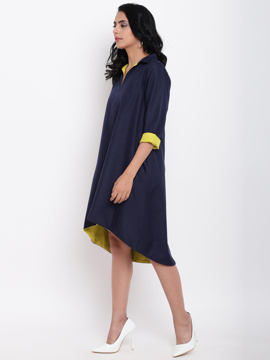 trueBrowns Linen Cotton Blue Collared Dress - Distacart