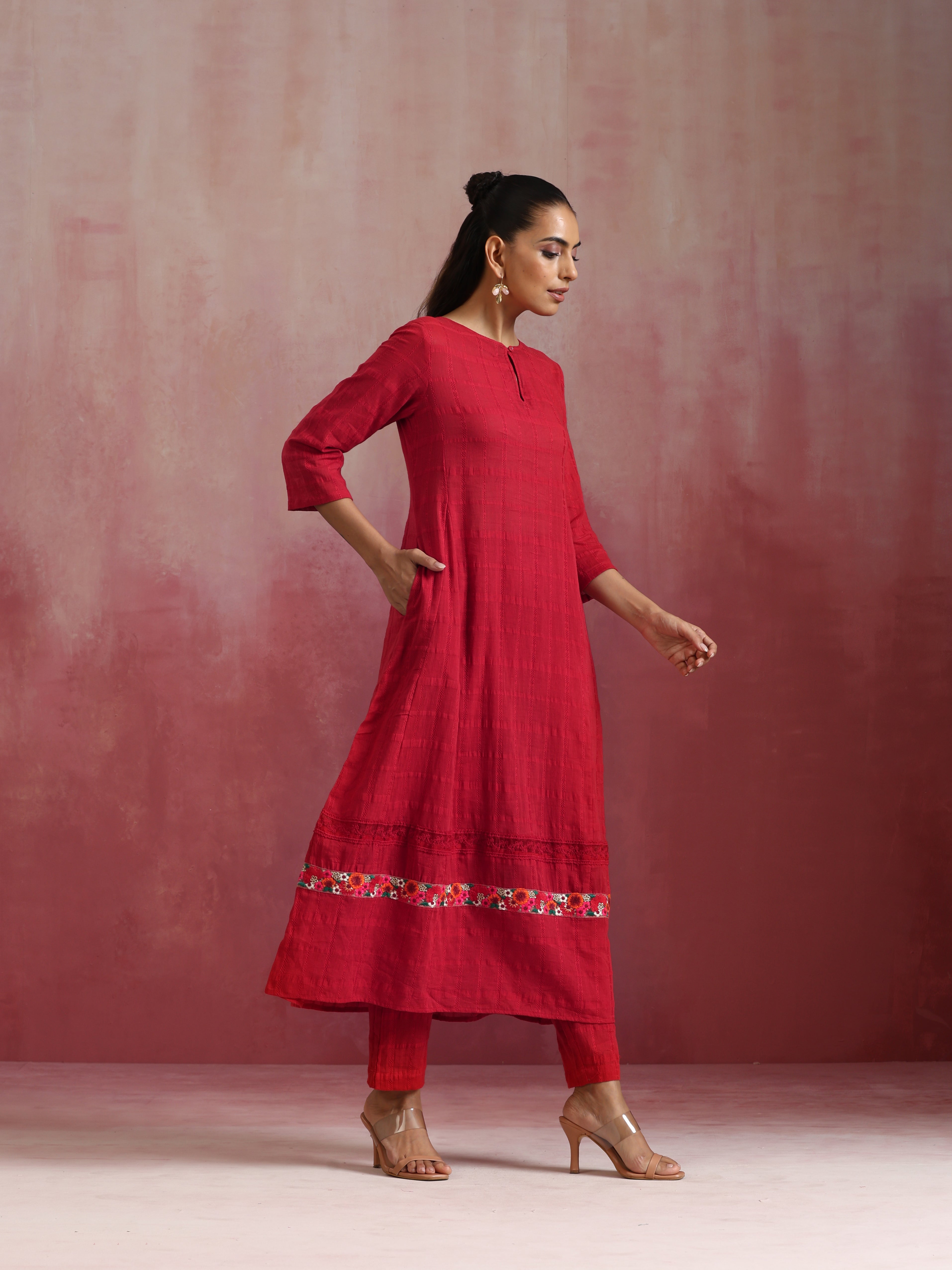 trueBrowns Red Cotton Dobby Flared Kurta Set - Distacart