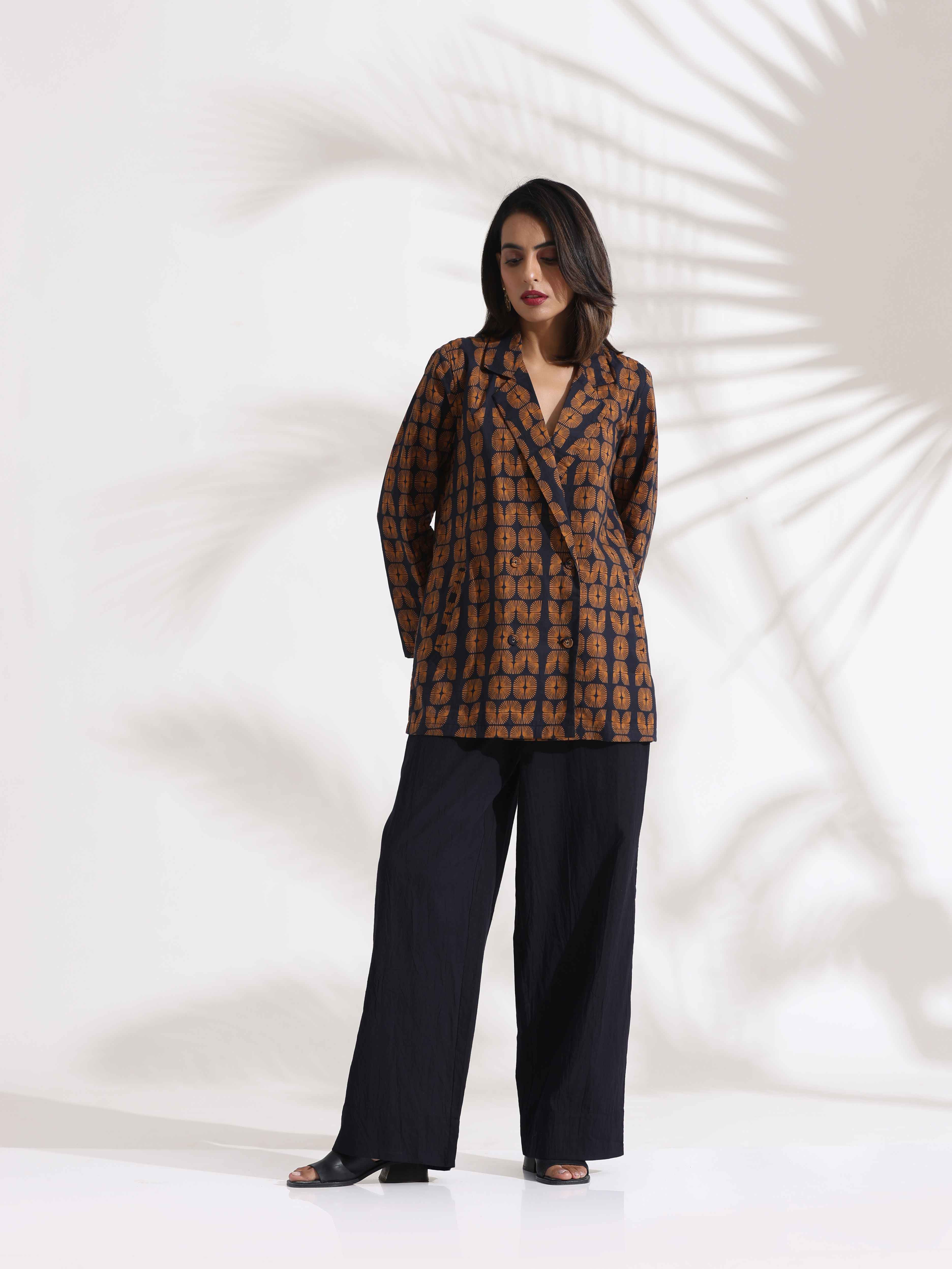 trueBrowns Black Cotton Print Jacket Top Co-ord Set - Distacart