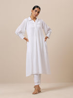 Thumbnail for trueBrowns Cotton White Weave Collar Kurta Pant Set | Relove
