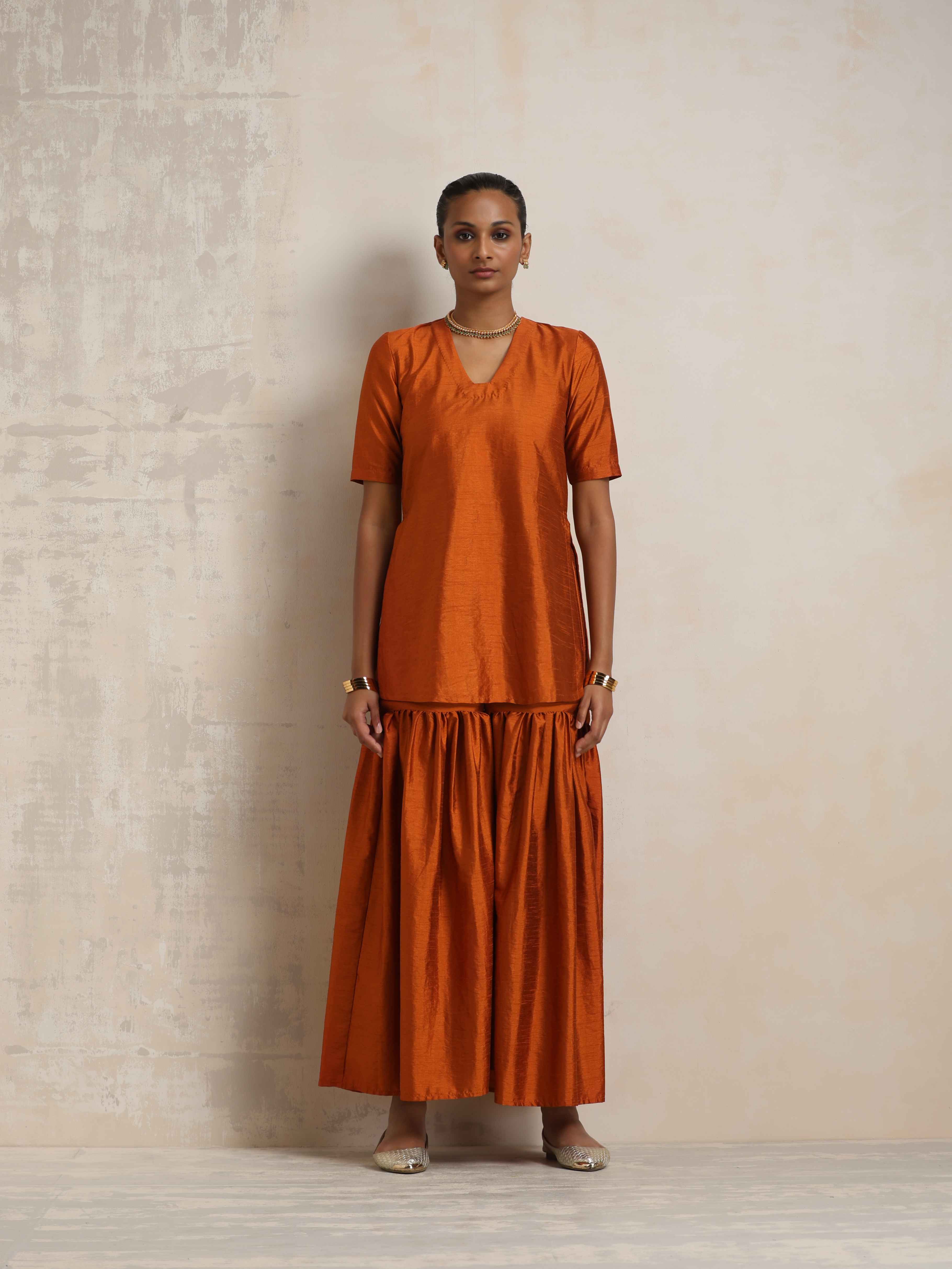 trueBrowns Orange Silk Sharara Dupatta Set - Distacart