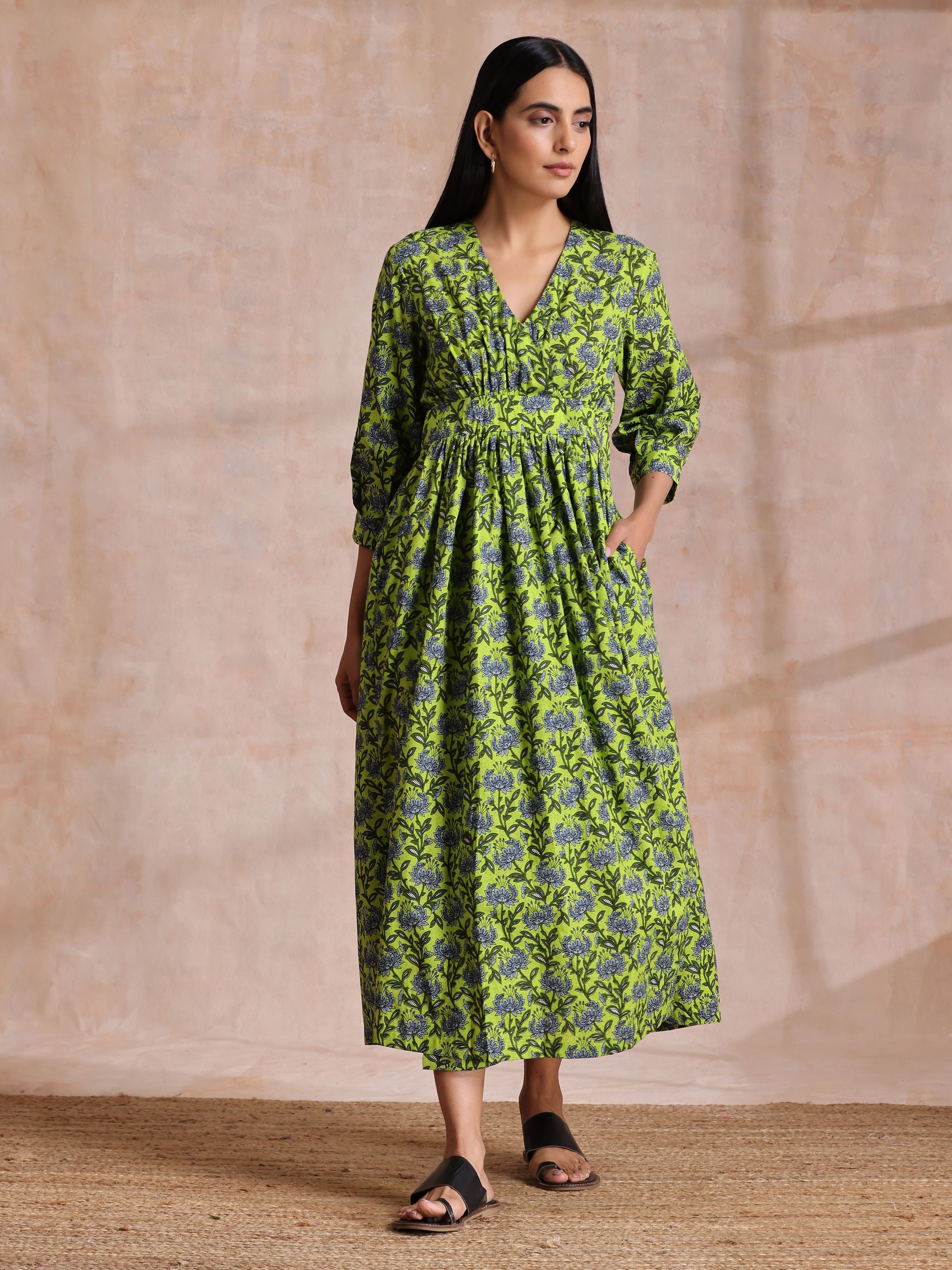trueBrowns Lime Green Overall Blue Floral Block Print Cotton Wrap Dress - Distacart