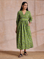 Thumbnail for trueBrowns Lime Green Overall Blue Floral Block Print Cotton Wrap Dress - Distacart