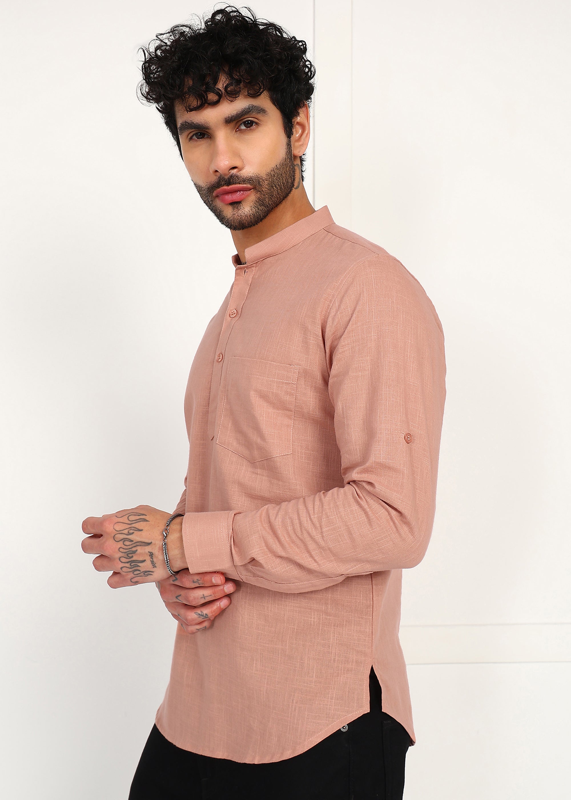 Fabmade Men’S Peach Linen Short Kurta - Distacart