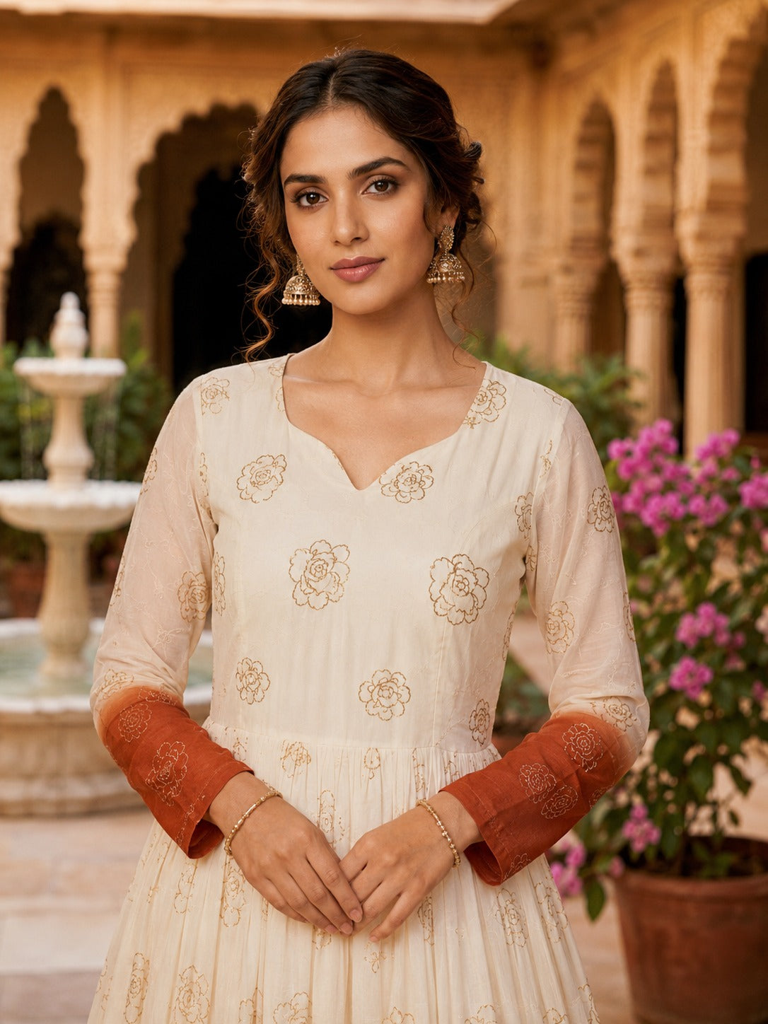 Anaita Brown&White Silk Readymade Anarkali Suit with Embroidery & Sequence Work - Dista