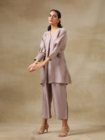 Thumbnail for trueBrowns Grey Textured Silk Neck Pleat Co-Ord Set - Distacart