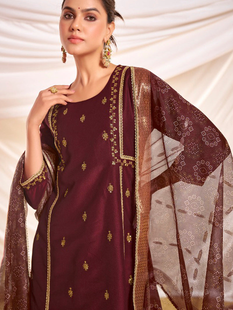 BulBul Women Maroon Embellished Premium Silk Ethenic A-Line Kali Suit With Dupatta