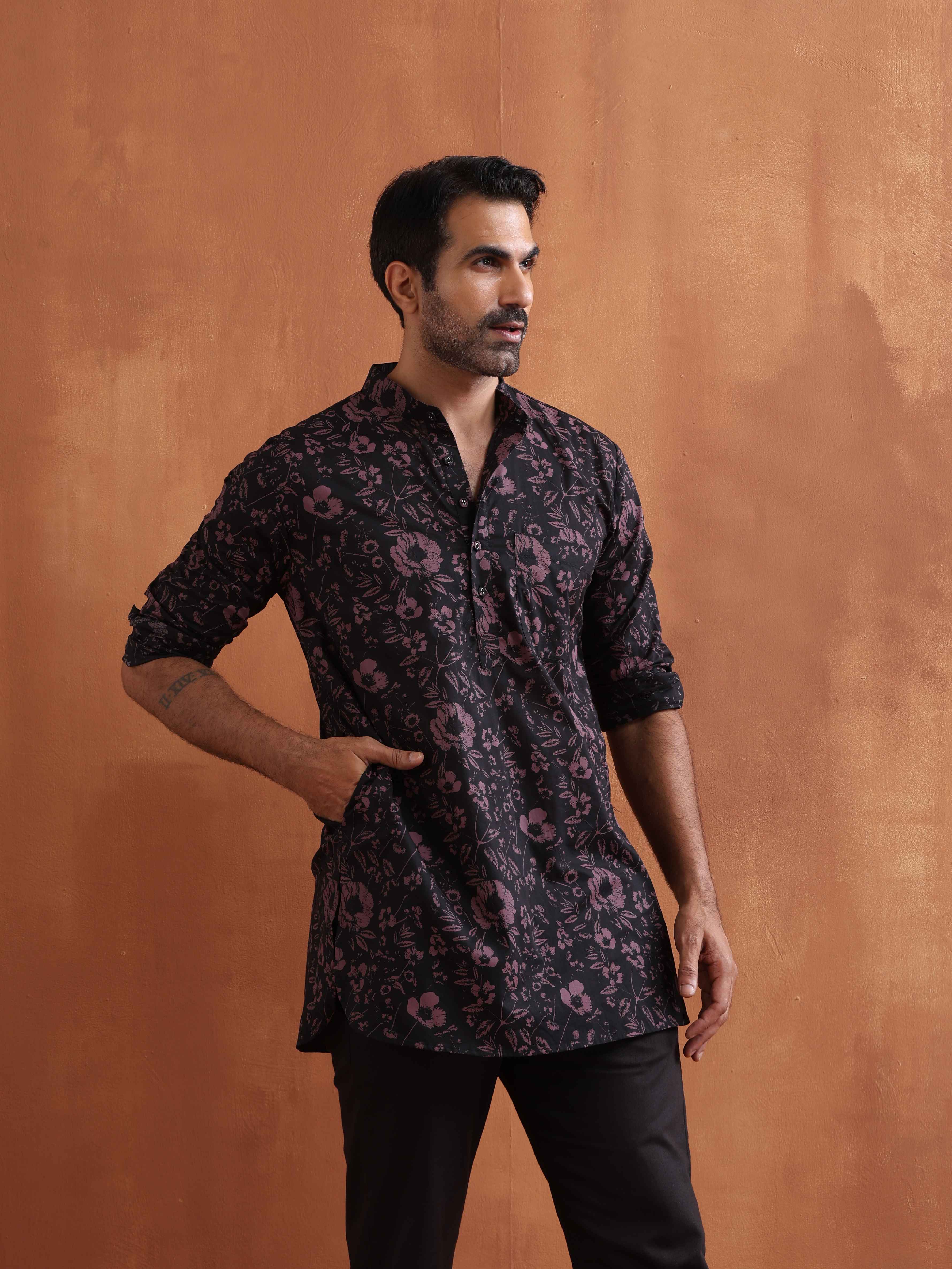 trueBrowns Men's Black Floral Printed Short Kurta - Distacart
