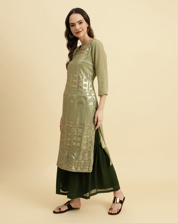 Varanga Green Sequened Kurta With Sharara And Sequened Ombre Dupatta