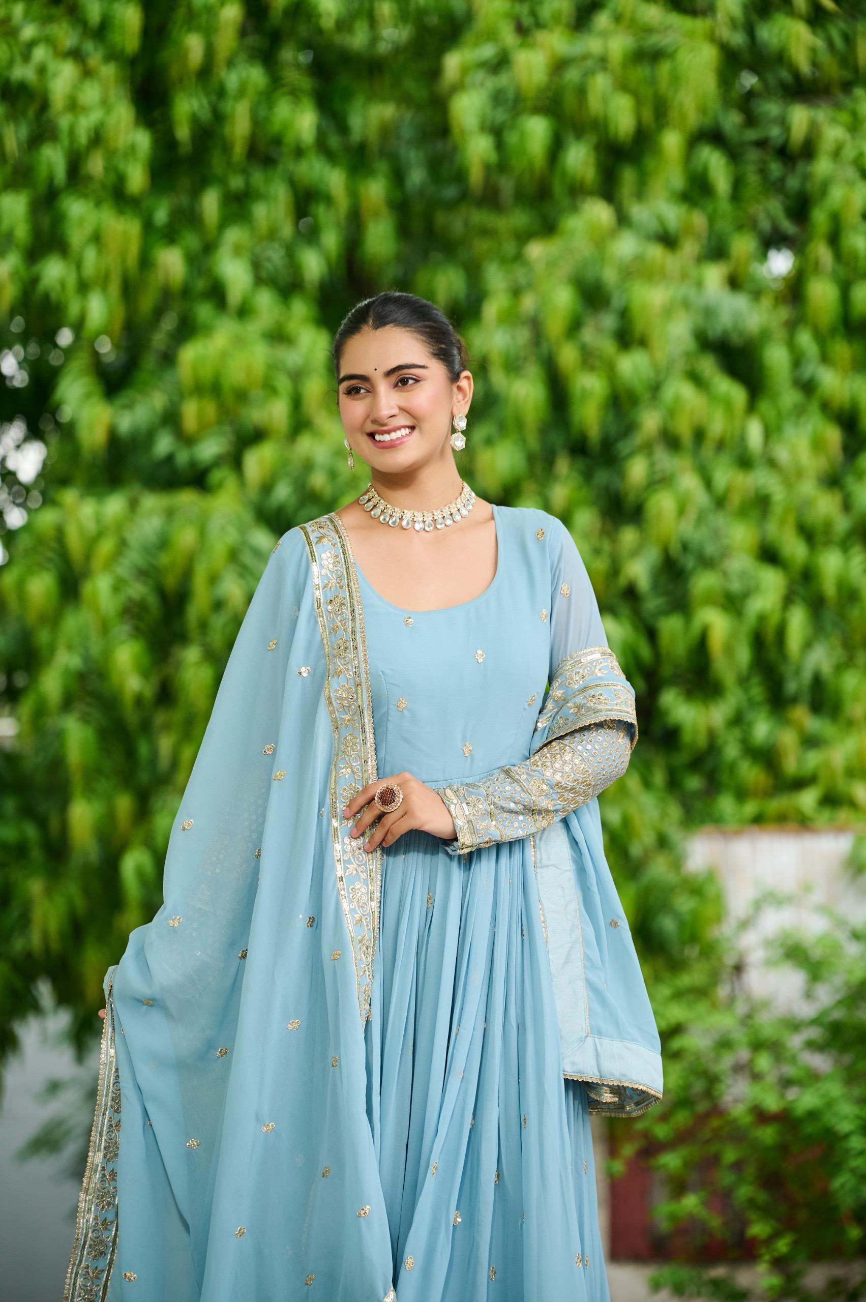 Anaita Blue Silk Readymade Anarkali Suit with Embroidery & Sequence Work - Dista