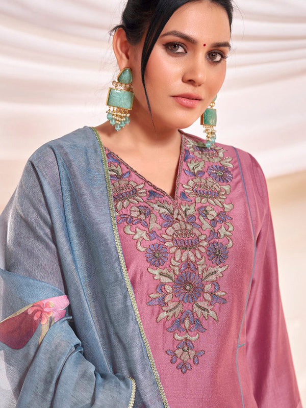 BulBul Women Dusty Pink Embroidered Premium Silk Straight-Shoulder Cut Suit With Dupatta