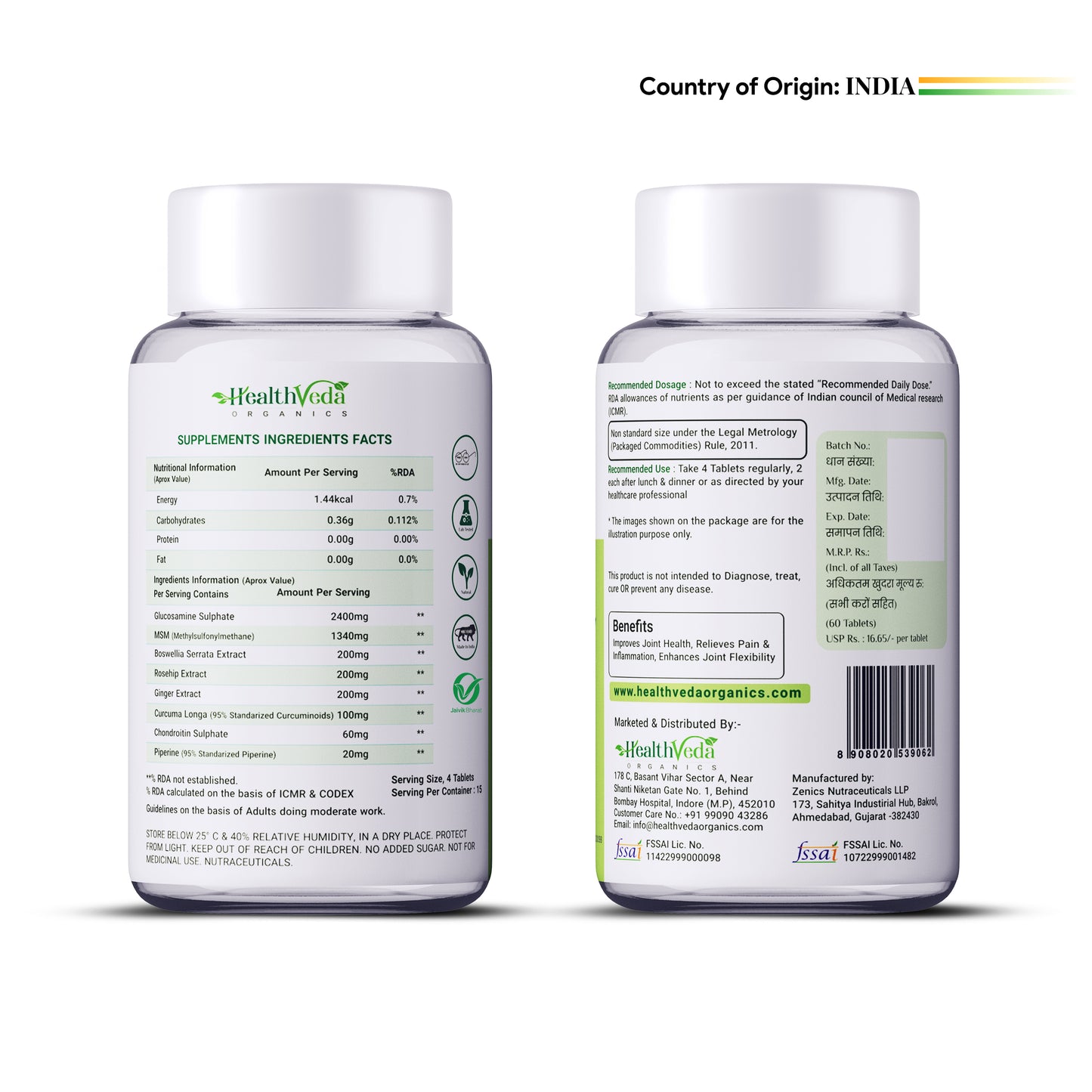 Health Veda Organics Plant Based Glucosamine Chondroitin & MSM Tablets - Distacart