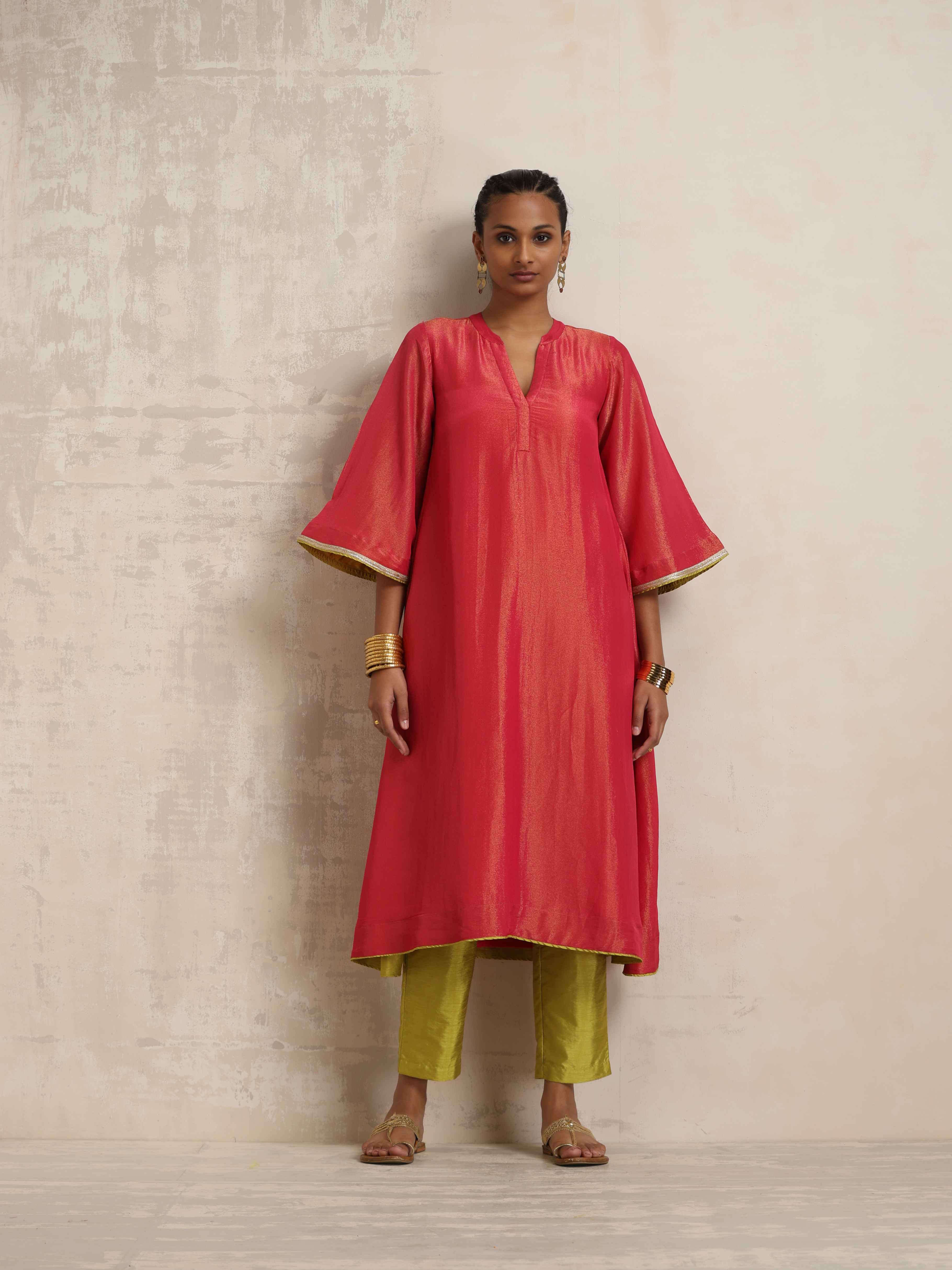 trueBrowns Hot Pink Tissue Flared Kurta Set - Distacart