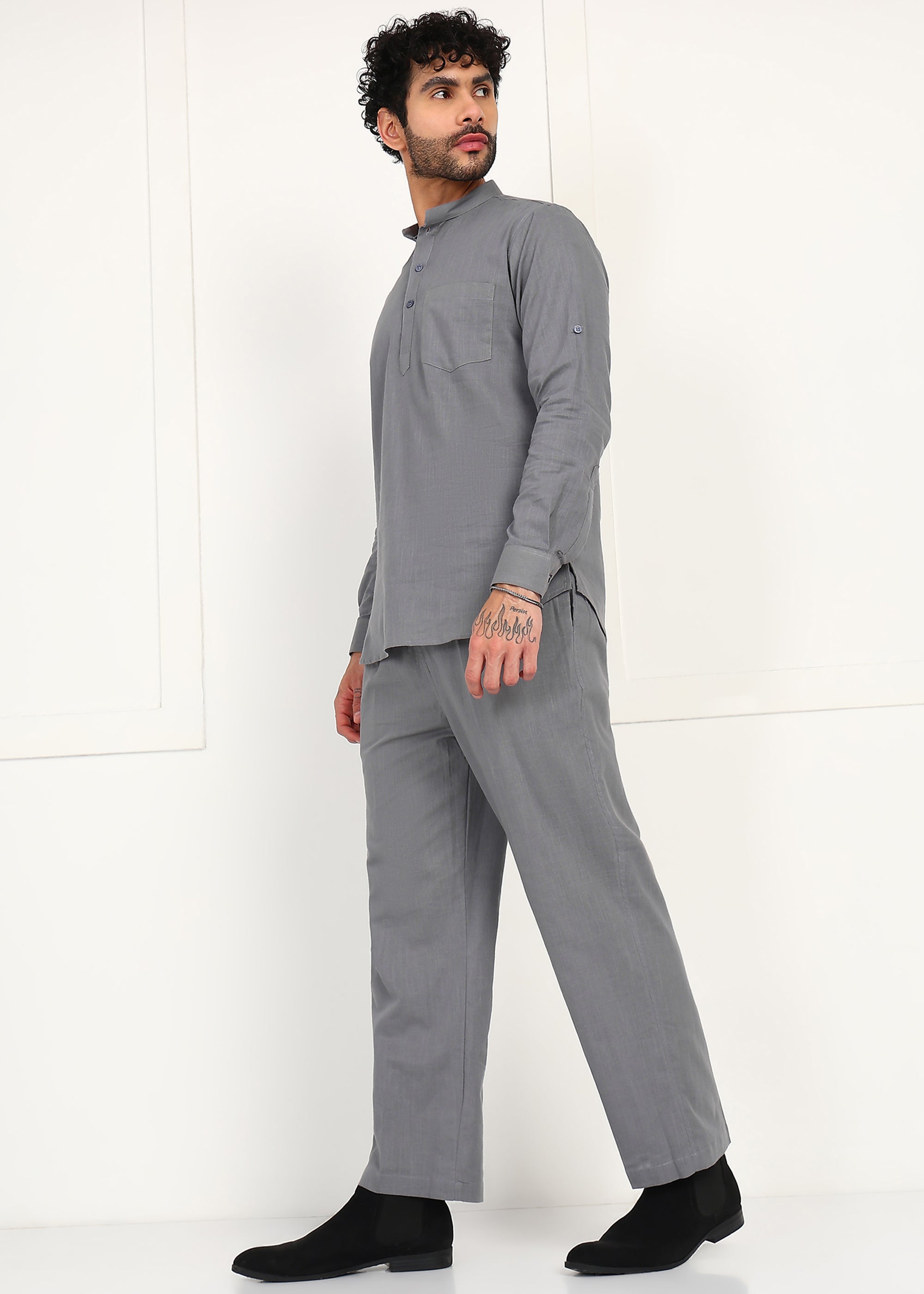 Fabmade Slate Grey Linen Short Kurta Co-Ord Set - Distacart