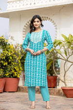 Thumbnail for Varanga Women Blue Printed Round Neck Yoke Embroidered Kurta Paired With Bottom And Dupatta - Distacart