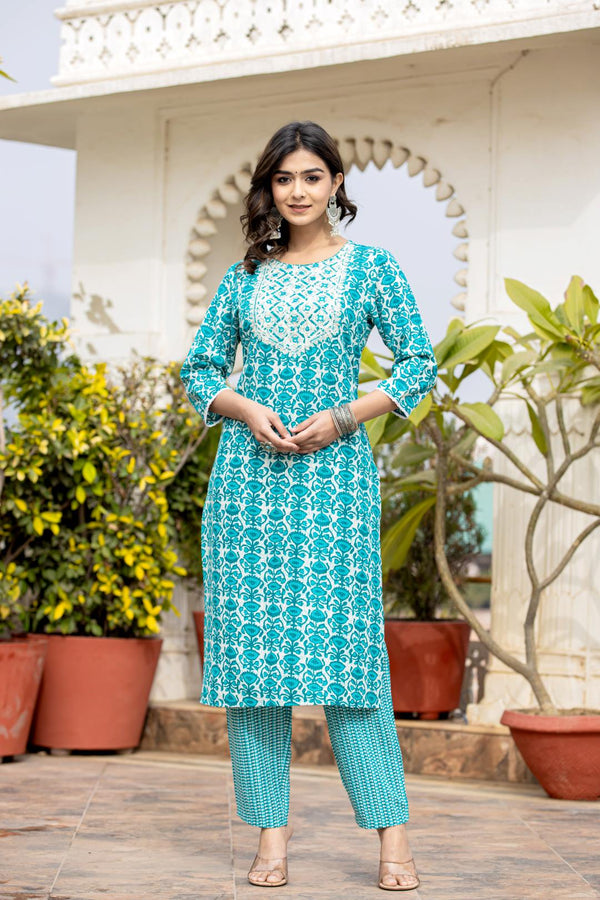 Varanga Women Blue Printed Round Neck Yoke Embroidered Kurta Paired With Bottom And Dupatta - Distacart