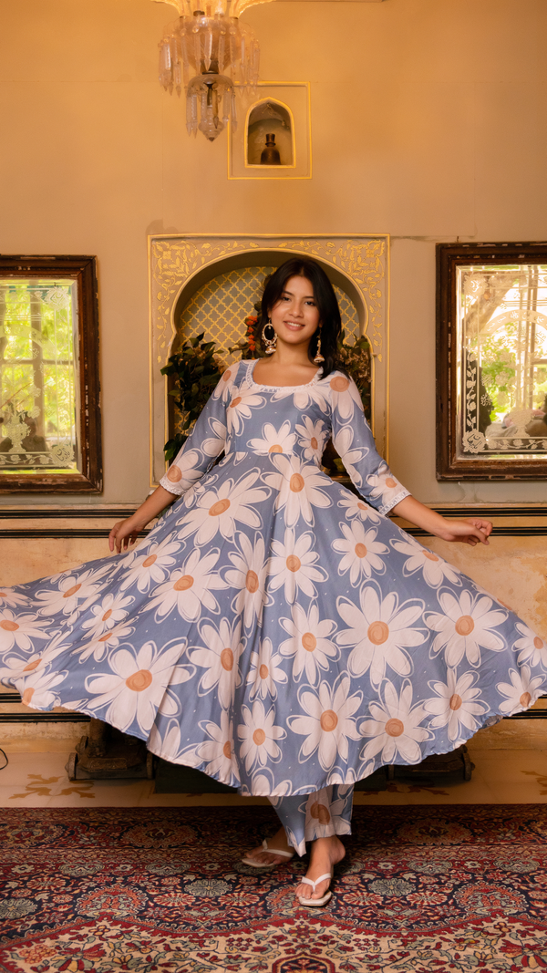 Pomcha Jaipur Gaurangi White Phool Powder Blue Anarkali Set