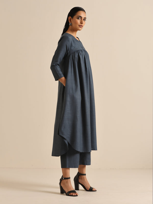 trueBrowns Light Blue Slub Gathered Kurta Pant Set - Distacart
