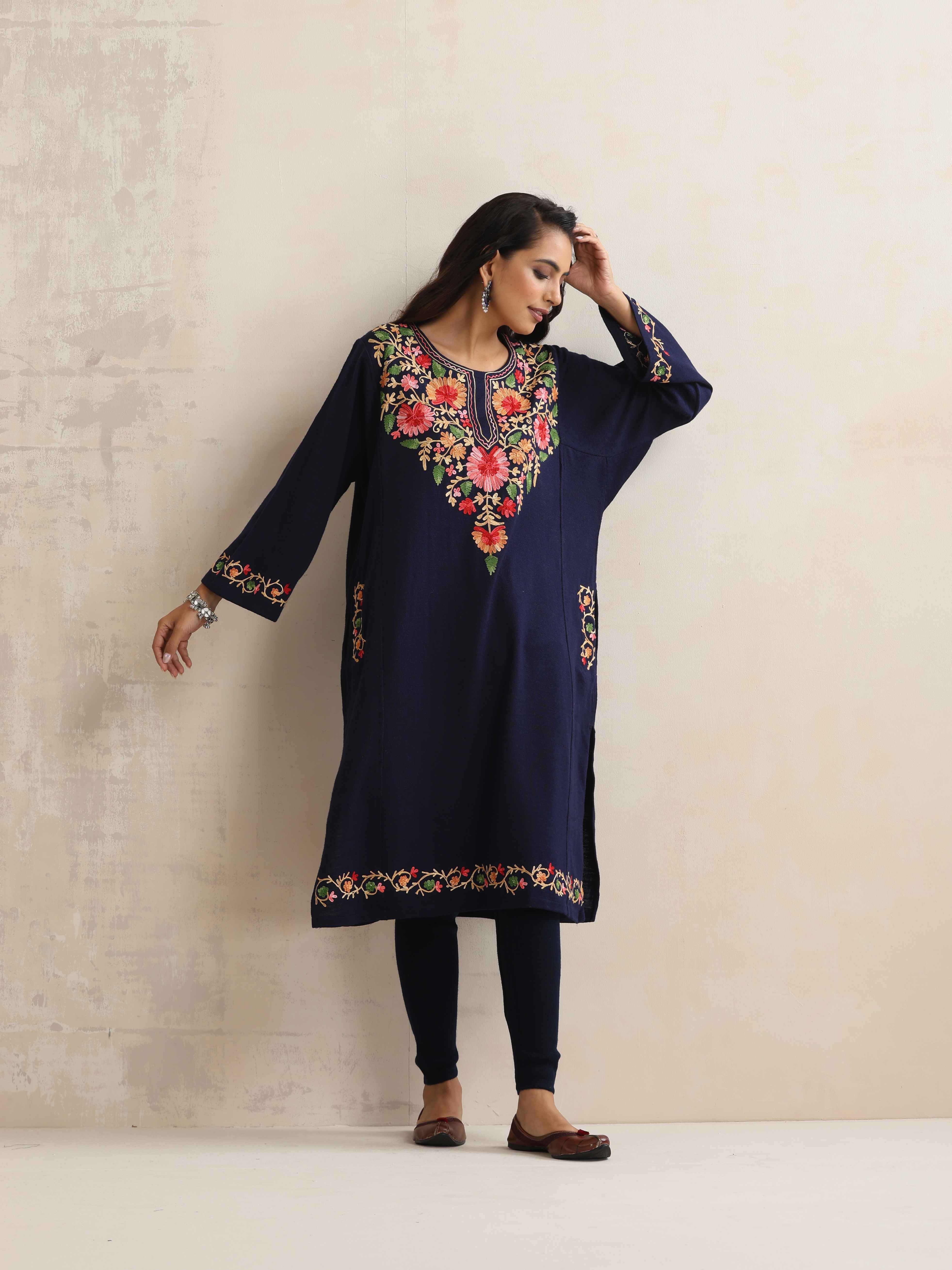 trueBrowns Blue Floral Embroidered Woollen Phiran Kurta - Distacart