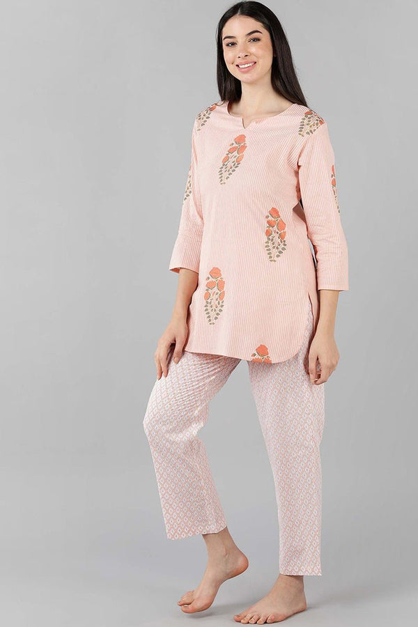 Ahika Pink Cotton Striped Night Suit - Distacart
