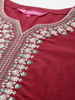 Thumbnail for Varanga Women Maroon Round Neck Yoke Embroidered Straight Kurta Paired With Tonal Embroidered Bottom And Contrast Dupatta With Fringes - Distacart