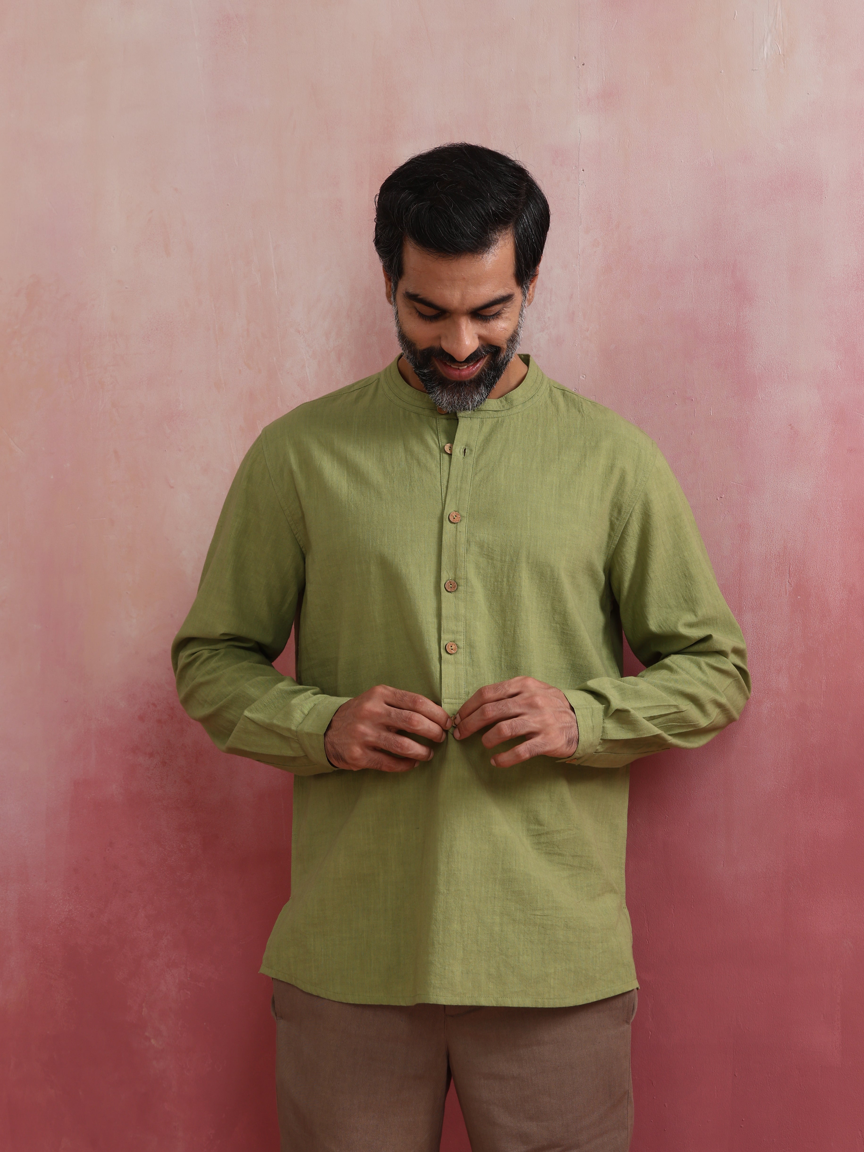 trueBrowns Men's Pista Green Cotton Mandarin Collar Stylized Kurta - Distacart
