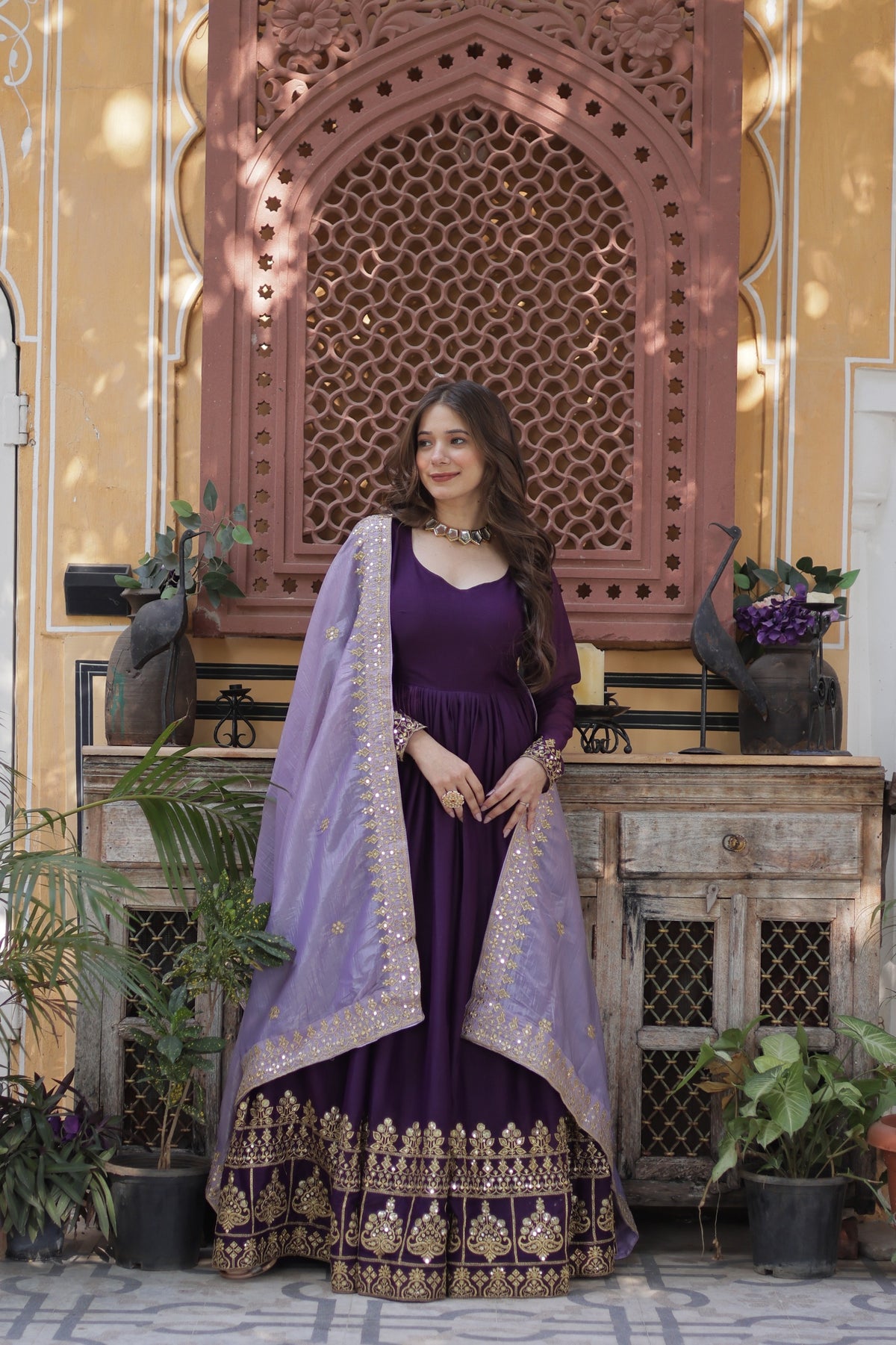 Anaita Purple Georgette Readymade Anarkali Suit with Zari & Sequence Work